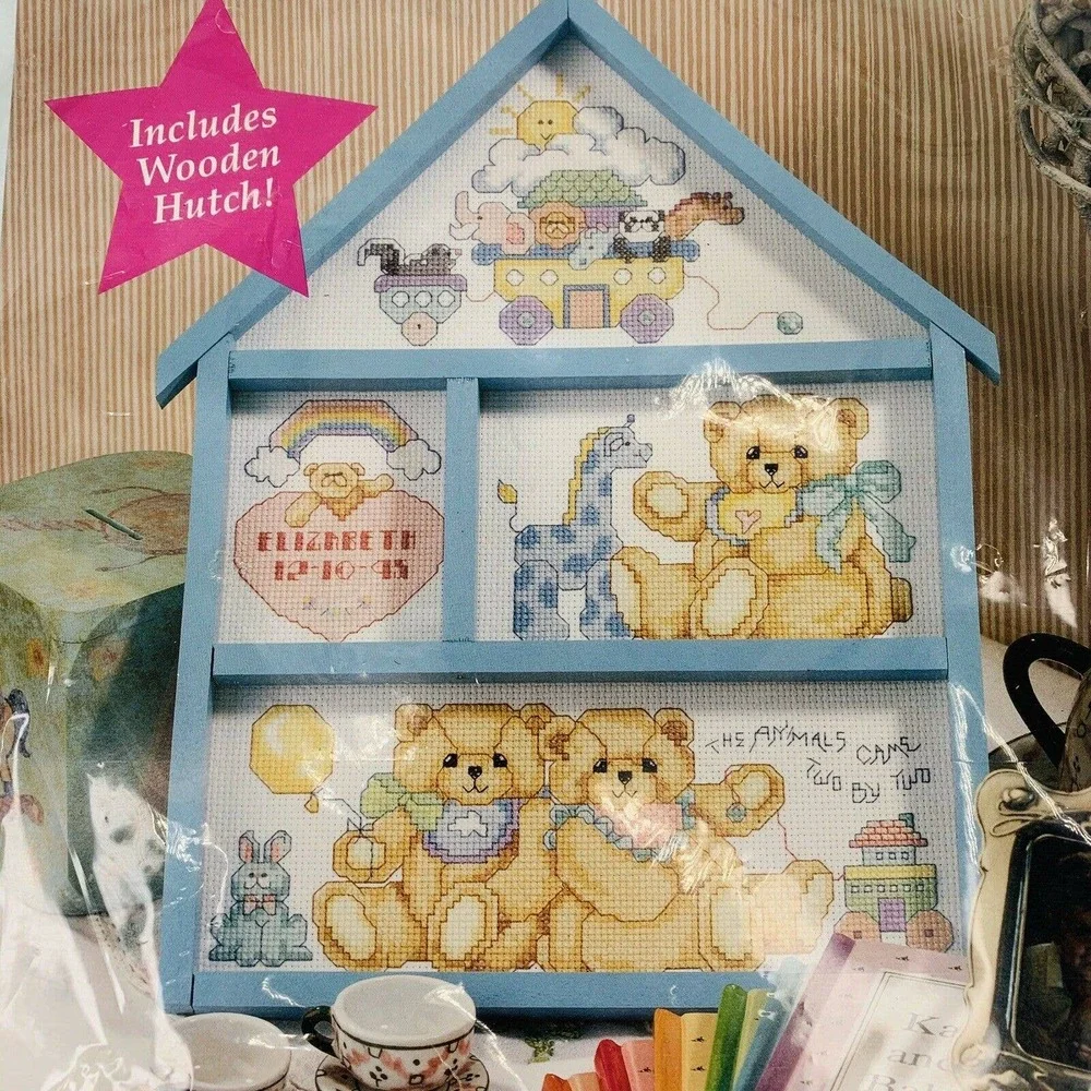 BUCILLA Baby Collection God Bless Babies Bear Cross Stitch Kit Hutch 9 x 12 New